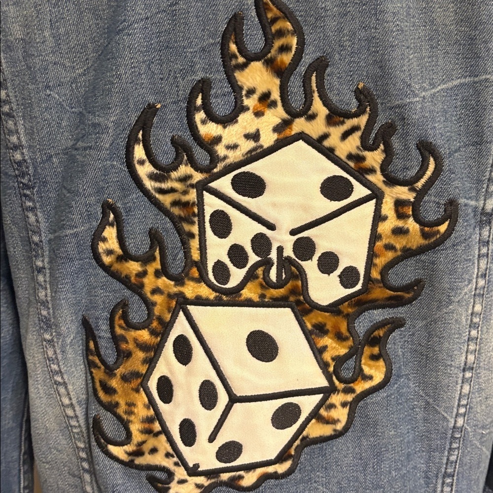 Guess women’s Rex Blue Denim Jacket Leopard faux fur Collar / back fur dice L - Picture 9 of 16